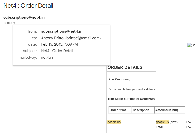 Net4 India order confirmation for google.us domain registration