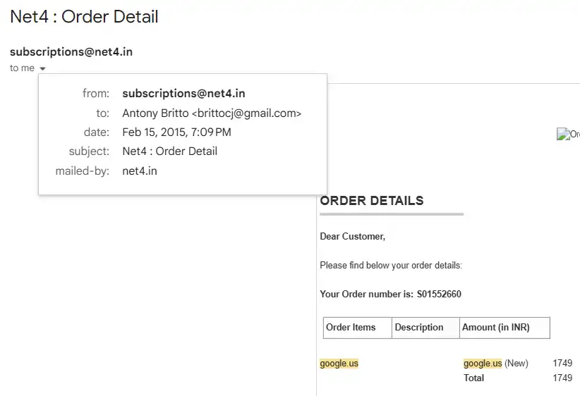 Net4 India order confirmation for google.us domain registration